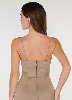 Azazie Yola Bridesmaid Dresses Taupe Sheath V-Neck Pleated Stretch Satin Convertible Dress image8