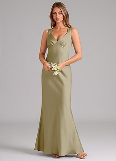 Azazie Kamila Bridesmaid Dresses Moss Green A-Line Pleated Stretch Satin Dress image4