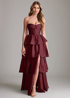 Azazie Faye Bridesmaid Dresses Cabernet A-Line Ruched Stretch Satin Dress image1