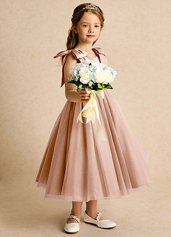 Azazie Serene Abiti da Ragazza di Fiori Abito Principessa in Raso Opaco Fiocco Champagne Rosa image5