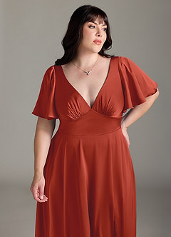 Azazie Kimber Bridesmaid Dresses Rust A-Line Ruched Stretch Satin Dress image11