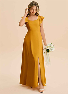 Azazie Bondi Junior Vestido Caramelo de Cetim elástico de Linha A com Fenda Lateral image3