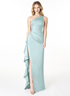 Azazie Latrice Bridesmaid Dresses Sea Glass Sheath One Shoulder Cascading Ruffles Stretch Satin Dress image1