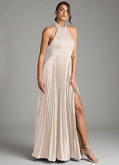 Azazie Zienna 신부 들러리 드레스 A라인 주름진 스트레치 새틴 바닥 길이 드레스 image1