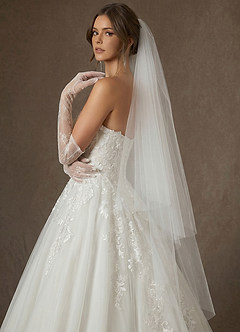 front Simple Two-Tier Fingertip Drop Wedding Veil with Blusher