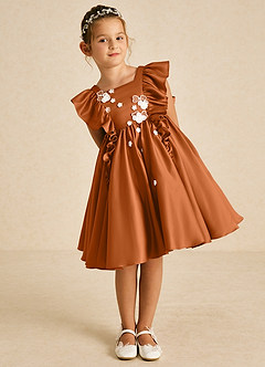Azazie Sue Ellen vestidos de niña de las flores Vestido de Cobre de Satin Mate de Corte En A con Lazo image1