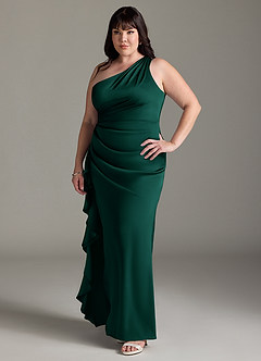 Azazie Latrice Bridesmaid Dresses Emerald Sheath One Shoulder Cascading Ruffles Stretch Satin Dress image8