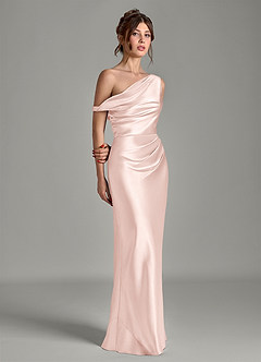 Azazie Emerson Bridesmaid Dresses Blushing Pink Mermaid Off the Shoulder Metallic Satin Dress image5