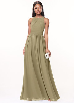 Azazie Harper Robes de demoiselle d'honneur Robe Trapèze en Mousseline de soie Plissée Vert Mousse image1