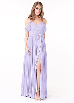 Azazie Lyney Robes de demoiselle d'honneur Robe Trapèze en Mousseline de soie Épaule décolletée Lilas image1