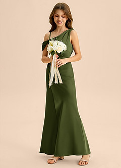 Azazie Madelyn Junior Osłona Zza ramienia Satyna elastyczna Długość podłogi Młodsza druhna Sukienka image5