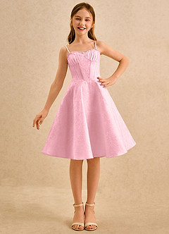 Azazie Posey Girls Formal Blumenmädchenkleider A-Linie Herzausschnitt Blumen-Jacquard Kleid Zartrosa image5