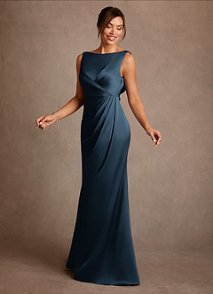 Azazie Baltimore vestidos de madre de la novia Vestido Azul Marino Oscuro de Satén Elástico de Corte en A con Plisado image3