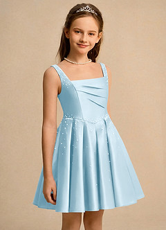 Azazie Jello Junior Formal Flower Girl Dresses Sky Blue Ball-Gown Pleated Matte Satin Dress image3