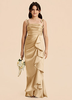 Azazie Ryan Junior Vestido de Oro de Satén Elástico de Corte Recto con Lazo image5