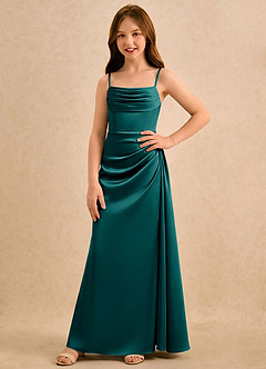 Azazie Shyla Girls Formal Flower Girl Dresses Peacock Sheath Pleated Stretch Satin Dress image4