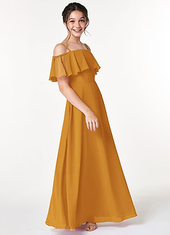 Azazie Maggie Junior Butterscotch A-Line Off the Shoulder Chiffon Dress image4