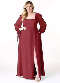Azazie Leonia Bridesmaid Dresses Pomegranate A-Line Long Sleeve Chiffon Dress image11