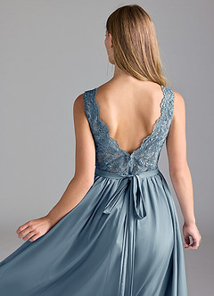 Azazie Elly Vestidos de damas de honor Vestido de Azul Polvoriento de Satén Elástico de Corte en A con Encaje image6