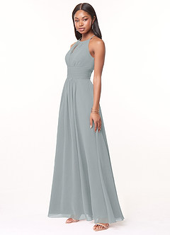 Azazie Bonnie Vestidos de damas de honor Vestido de Gris Delfín de Gasa de Corte En A con Cuello de pico fruncido image3