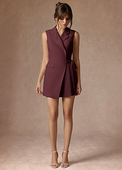 front Alina Cabernet Refined Weave Pleated Wrap Blazer Dress