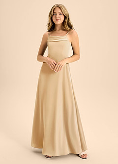 Azazie Anselie Junior Gold A-Line Off the Shoulder Stretch Satin Dress image3