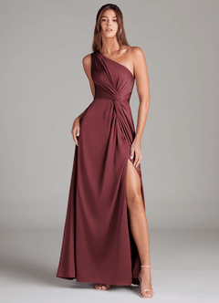 Azazie Brooke Robes de demoiselle d'honneur Robe Trapèze en Satin extensible Ue épaule Merlot image2