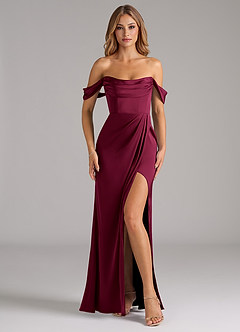 Azazie Johana Bridesmaid Dresses Burgundy Mermaid Off the Shoulder Stretch Satin Convertible Dress image3