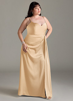 Azazie Brielle Bridesmaid Dresses Gold A-Line Cowl Spaghetti Straps Stretch Satin Dress image9