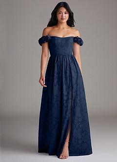 Azazie Autumn Bridesmaid Dresses Dark Navy A-Line Off the Shoulder Floral Burnout Convertible Dress image1