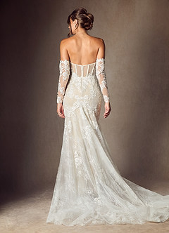 Azazie Caitlin Wedding Dresses Diamond White Champagne Mermaid Strapless Lace Dress image11