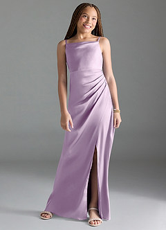 Azazie Leonis Junior Frosted Lilac A-Line Pleated Stretch Satin Dress image1