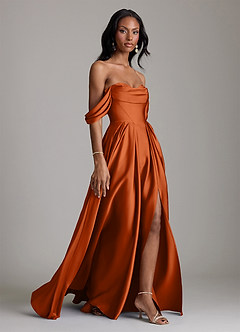 Azazie Loisa Abiti da Damigella Abito A-Line in Raso Elasticizzato a Spalla Scoperta Arancia Bruciata image6