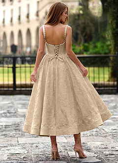 Sephone Champagne Square Neck Pearl Corset Midi Dress image2