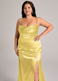 Azazie Saige Bridesmaid Dresses Canary Sheath Off the Shoulder Metallic Satin Convertible Dress image8