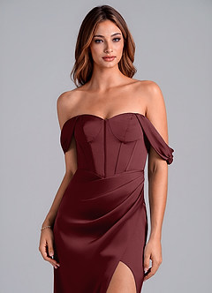 Azazie Asha Bridesmaid Dresses Cabernet Sheath Off the Shoulder Stretch Satin Convertible Dress image5