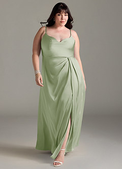 Azazie Brielle Robes de demoiselle d'honneur Robe Trapèze en Satin extensible Bretelles spaghetti Vert Sauge image8