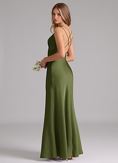 Azazie Suttona Bridesmaid Dresses Olive A-Line Pleated Stretch Satin Dress image1