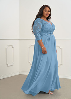 Azazie Hayek vestidos de madre de la novia Vestido de Azul Acero de Gasa de Corte En A con Cuello en V de encaje image8