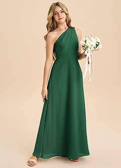 Azazie Phaedra Junior Abito A-Line in Chiffon Plissettato Verde Scuro image6
