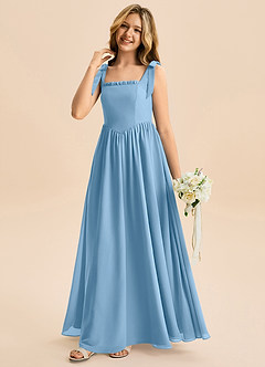 Azazie Delia Junior Abito A-Line in Chiffon Fiocco Blu Acciaio image4