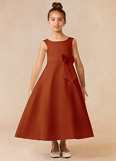 Azazie Lindy Flower Girl Dresses Paprika A-Line Pleated Matte Satin Dress image2