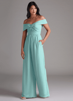 Azazie Lamara Robes de demoiselle d'honneur Combinaison Convertible en Mousseline de soie Épaule décolletée Aqua image4