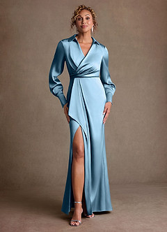 Azazie Jacinta 신부의 어머니 드레스 쉬스 주름진 스트레치 새틴 플로어 길이 드레스 image1