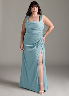 Azazie Jesaphine Bridesmaid Dresses Moody Blue Sheath Bow Stretch Satin Dress image8