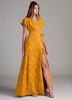 Azazie Ling Robes de demoiselle d'honneur Robe Trapèze en Blumen-Burnout Plissée Caramel écossais image4