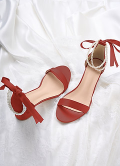 front Sandalias de tacón grueso con punta abierta, lazo y perla de satén mate a juego