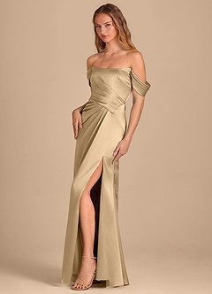 Azazie Shea Bridesmaid Dresses Champagne Mermaid Off the Shoulder Metallic Satin Convertible Dress image3
