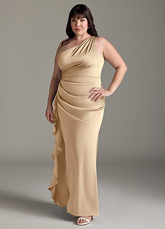 Azazie Latrice Bridesmaid Dresses Champagne Sheath One Shoulder Cascading Ruffles Stretch Satin Dress image8