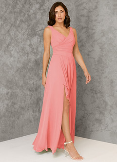 Azazie Kori Brautjungfernkleider A-Linie Plissee Chiffon Kleid Koralle image1